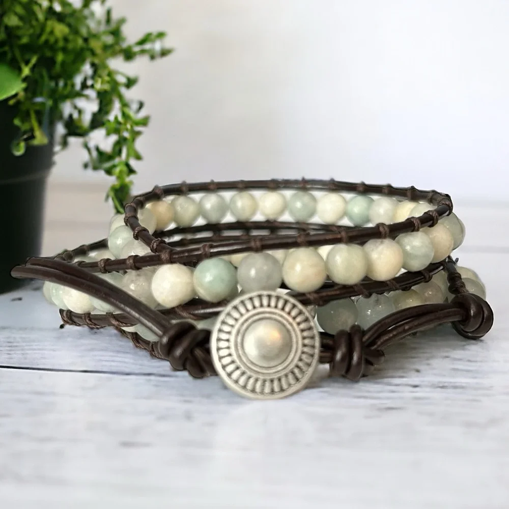 Amazonite Beaded Leather Wrap Bracelet